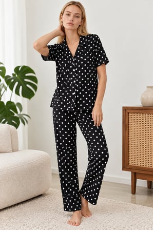 Night Siyah Kadın Desenli Kısa Kollu Pijama Takımı 4813
