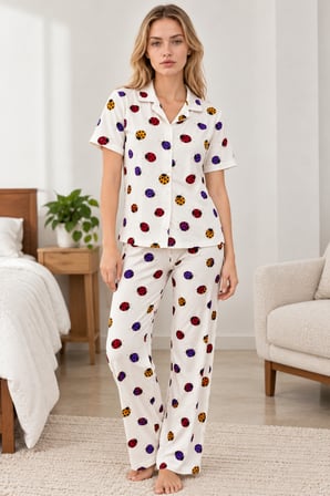 Night Beyaz Kadın Desenli Kısa Kollu Pijama Takımı 4828
