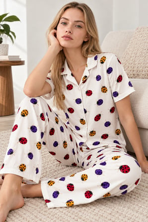 Night Beyaz Kadın Desenli Kısa Kollu Pijama Takımı 4828