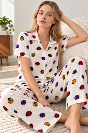 Night Beyaz Kadın Desenli Kısa Kollu Pijama Takımı 4828