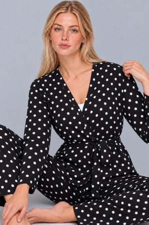 Night Siyah Kadın Desenli Ev Stili Kuşaklı Pijama Takımı 4806