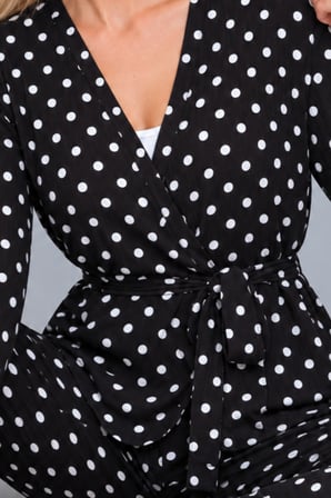 Night Siyah Kadın Desenli Ev Stili Kuşaklı Pijama Takımı 4806