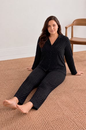 Night Siyah Kadın Puantiyeli Düğmeli Pijama Takımı 852