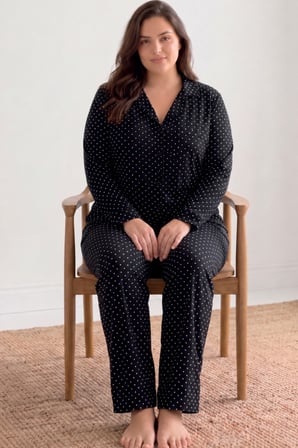 Night Siyah Kadın Puantiyeli Düğmeli Pijama Takımı 852
