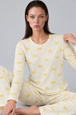Night Sarı Kadın Çizgili Rahat Desenli İkili Pijama Takımı 4797