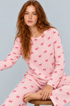 Night Açık Pembe Kadın Çizgili Rahat Kalıp İkili Pijama Takımı 4805