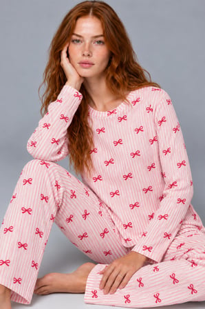 Night Açık Pembe Kadın Çizgili Rahat Kalıp İkili Pijama Takımı 4805