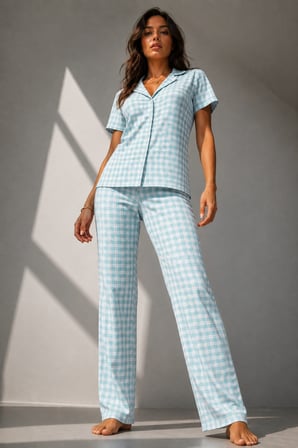Night Su Yeşili Kadın Klasik Doğal Düğme Gece Pijama Takımı