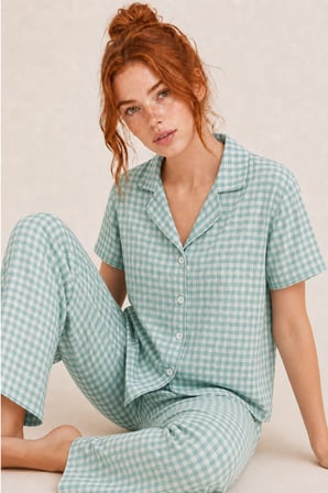 Night Su Yeşili Kare Desenli Bürümçük kumaş Kısa Kollu Pijama Takımı 6065
