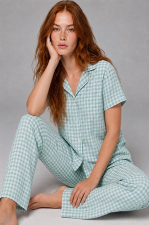 Night Su Yeşili Kare Desenli Bürümçük kumaş Kısa Kollu Pijama Takımı 6065