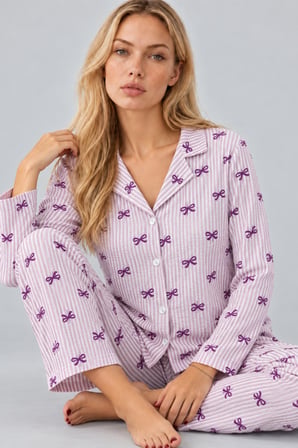 Night Mor Kadın Gömlek Yaka Desenli İkili Pijama Takımı 4810