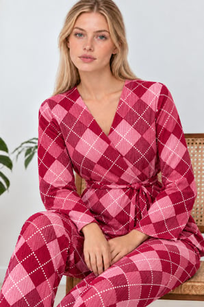 Night Pembe Kadın Desenli Ev Stili Kuşaklı Pijama Takımı 4808
