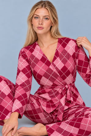 Night Pembe Kadın Desenli Ev Stili Kuşaklı Pijama Takımı 4808