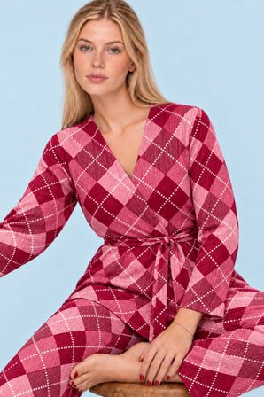 Night Pembe Kadın Desenli Ev Stili Kuşaklı Pijama Takımı 4808
