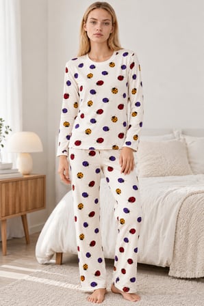 Night Beyaz Kadın Desenli İkili Rahat Pijama Takımı 4829