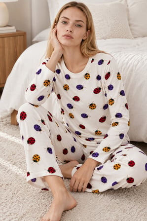 Night Beyaz Kadın Desenli İkili Rahat Pijama Takımı 4829