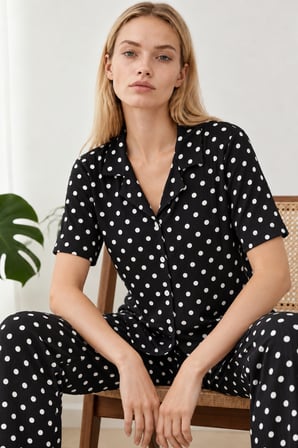 Night Siyah Kadın Desenli Kısa Kollu Pijama Takımı 4813