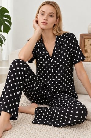 Night Siyah Kadın Desenli Kısa Kollu Pijama Takımı 4813