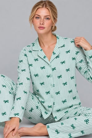 Night Yeşil Kadın Kurdela Desenli Bol Pijama Takımı 4799
