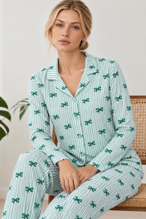 Night Yeşil Kadın Kurdela Desenli Bol Pijama Takımı 4799