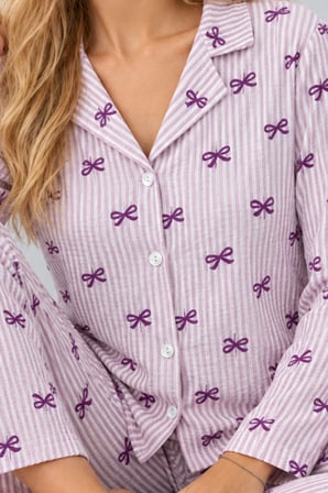 Night Mor Kadın Gömlek Yaka Desenli İkili Pijama Takımı 4810