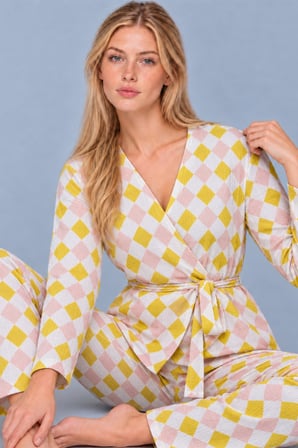 Night Sarı Kadın Desenli Ev Stili Kuşaklı Pijama Takımı 4807