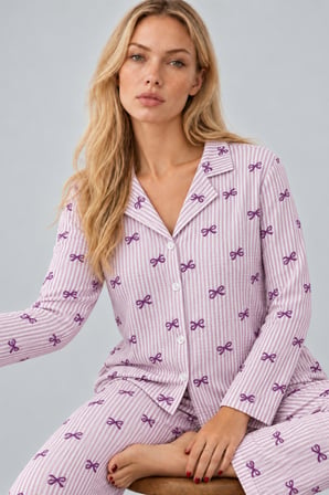 Night Mor Kadın Gömlek Yaka Desenli İkili Pijama Takımı 4810