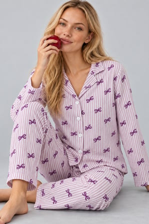 Night Mor Kadın Gömlek Yaka Desenli İkili Pijama Takımı 4810