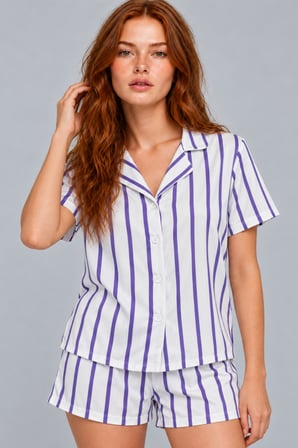Night Beyaz Kadın Çizgili Şortlu Kısa Kollu Pijama Takımı 4817