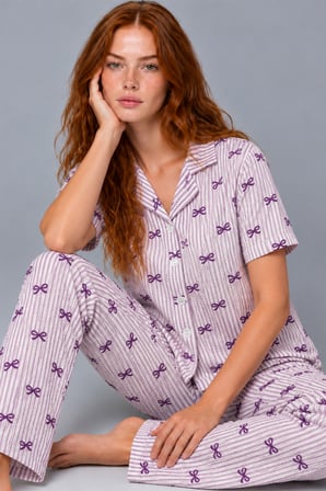 Night Mor Kadın Çizgili Fiyonk Desenli Kısa Kollu Pijama Takımı 4811