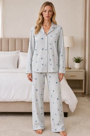 Night Mavi Kadın Casual Esnek Bol Pijama Takımı 4671
