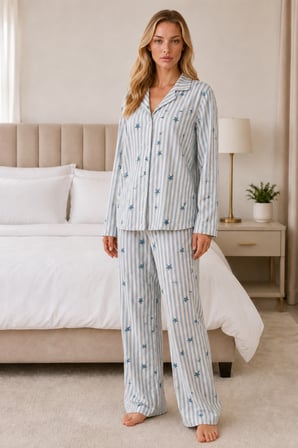 Night Mavi Kadın Casual Esnek Bol Pijama Takımı 4671