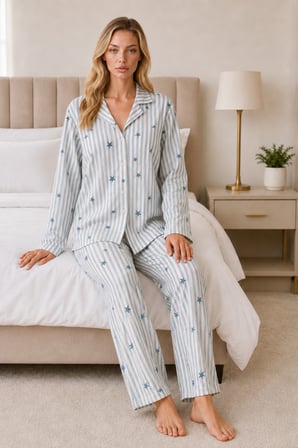 Night Mavi Kadın Casual Esnek Bol Pijama Takımı 4671