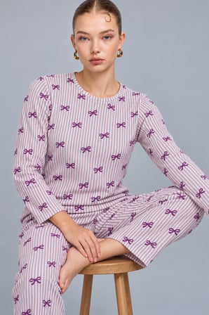Night Mor Kadın Çizgili Rahat Desenli İkili Pijama Takımı 4809