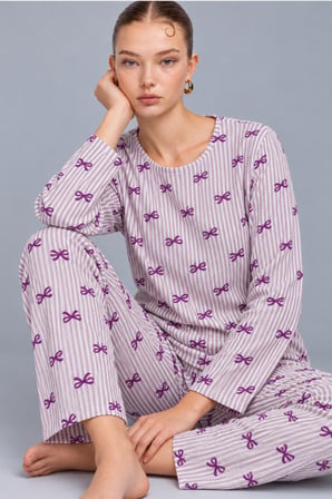 Night Mor Kadın Çizgili Rahat Desenli İkili Pijama Takımı 4809