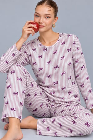 Night Mor Kadın Çizgili Rahat Desenli İkili Pijama Takımı 4809