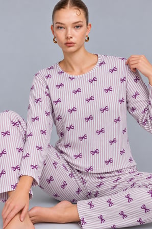 Night Mor Kadın Çizgili Rahat Desenli İkili Pijama Takımı 4809