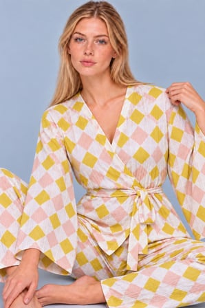 Night Sarı Kadın Kruvaze Kuşaklı İkili Pijama Takımı 4804
