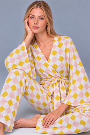 Night Sarı Kadın Kruvaze Kuşaklı İkili Pijama Takımı 4804