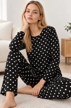 Night Siyah Kadın Desenli İkili Rahat Pijama Takımı 4814