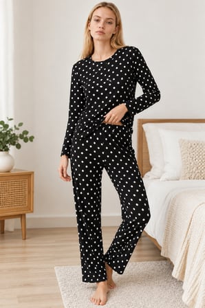Night Siyah Kadın Desenli İkili Rahat Pijama Takımı 4814