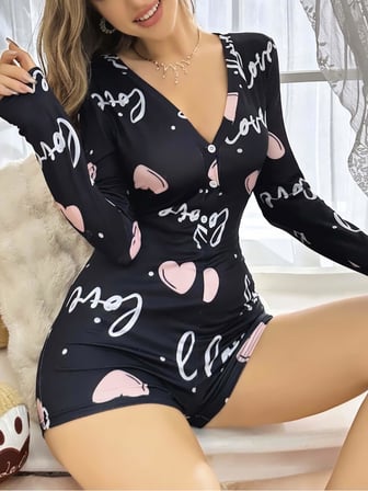 Fantezia Night Kadın Siyah Kalp Desenli Love Yazılı Pijama Tulumu 5124