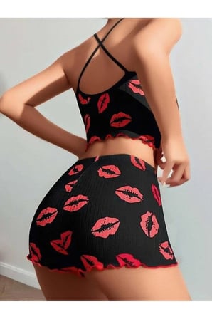 Fantezia Night Kadın Siyah Dudak Desenli Şortlu Pijama Takımı 5057