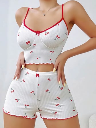 Fantezia Night Kadın Vişne Desenli Dantel Askılı Şortlu Pijama Takımı 5193