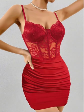 Fantezia Night Kadın Kırmızı Transparan Karın ve Dantel Detaylı Gece Kıyafeti 5150