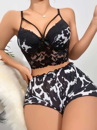 Fantezia Night Kadın Siyah Leopar desenli Dantel detaylı Şortlu Gecelik Pijama Takımı 5055