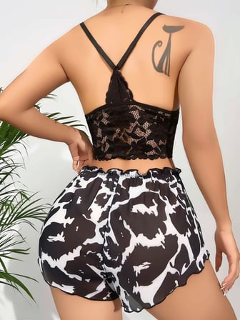 Fantezia Night Kadın Siyah Leopar desenli Dantel detaylı Şortlu Gecelik Pijama Takımı 5055