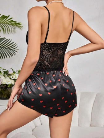 Fantezia Night Kadın Siyah Kırmızı Kalp Desenli Saten Şort Pijama Takımı 2232