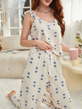 Fantezia Night Kadın Ekru Mavi Kalp Desenli Yumuşak Pamuklu Uzun Pijama Takımı 5137