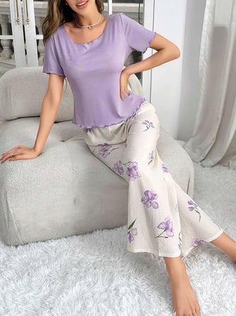 Fantezia Night Kadın Mor Çiçek Desenli Yumuşak Pamuklu Uzun Pijama Takımı 5133